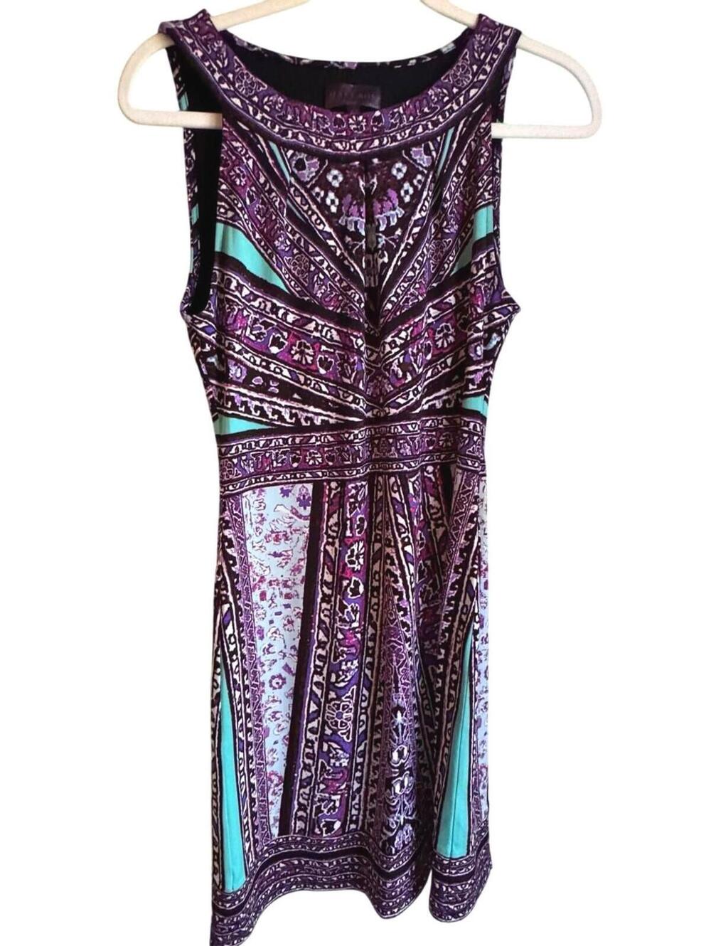 Hale Bob Printed Sleeveless Jersey Dress XS Purple Teal